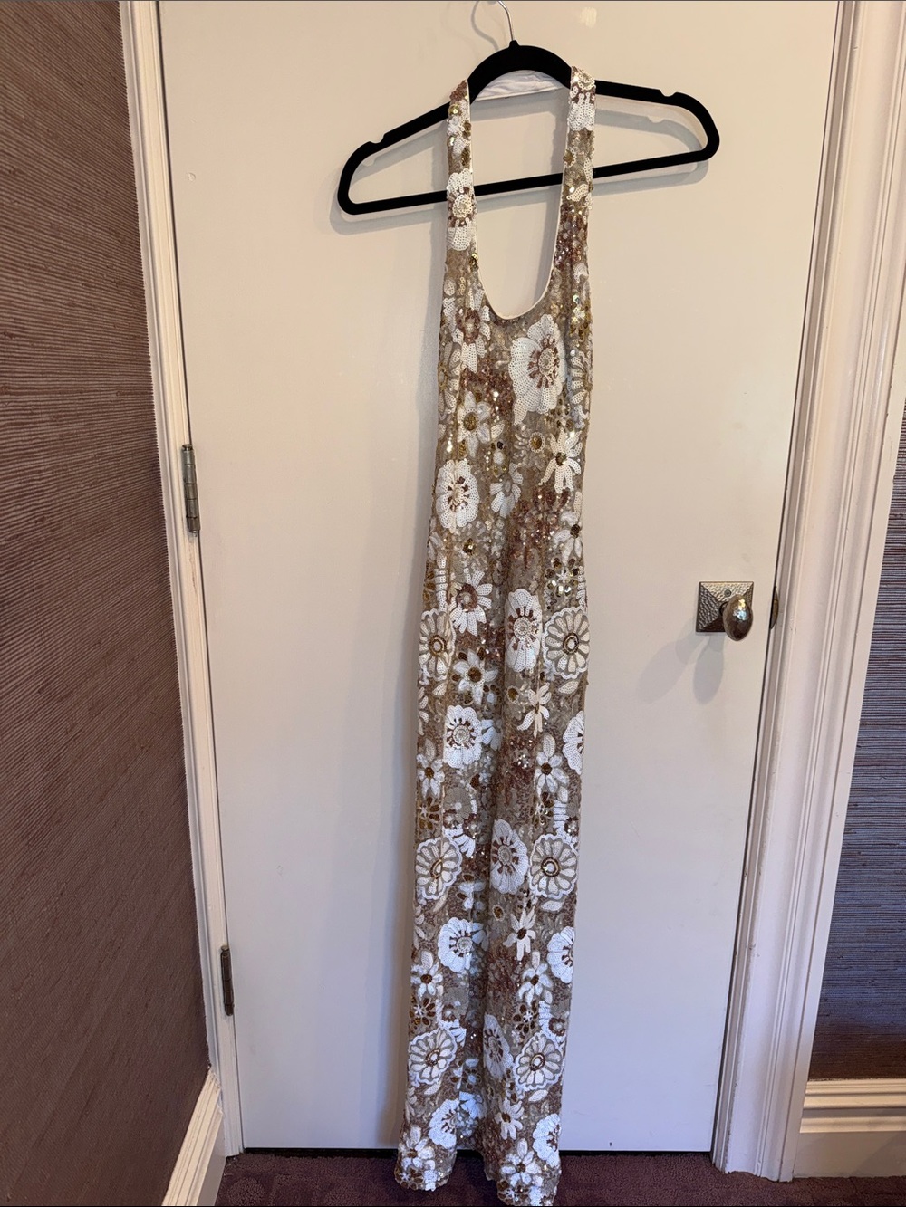 Ramy Brook White and Beige Floral Halter Sequin Gown Size 00
